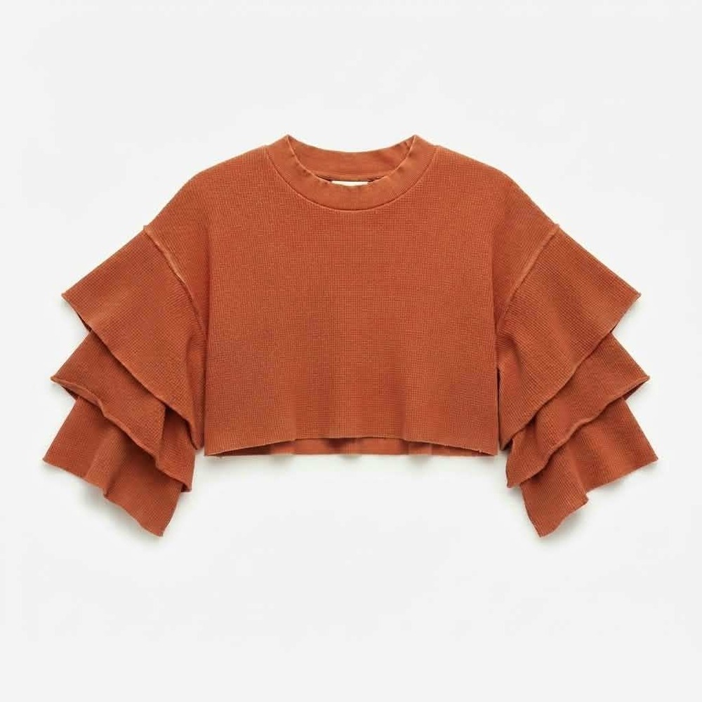 Zara Waffle Knit Ruffle Sleeve Cropped Sweatshirt Orange Terracotta Thermal Top